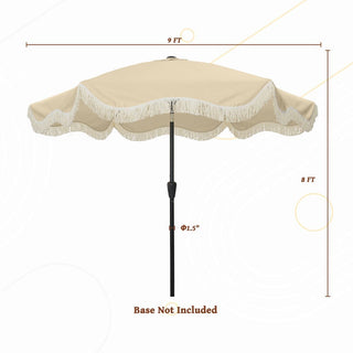 9 FT Tassel Market Patio Umbrella with Full Fiberglass Rib in Cream/Beige/Tan
