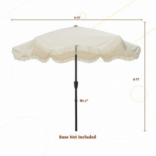 9 FT Tassel Market Patio Umbrella with Full Fiberglass Rib in Cream/Beige/Tan