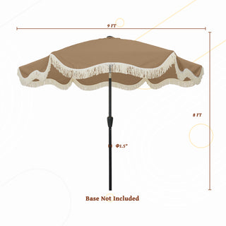 9 FT Tassel Market Patio Umbrella with Full Fiberglass Rib in Cream/Beige/Tan