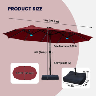 15FT Double-Sided Patio Umbrella with RGB LED Lights & Base – Extra Large Outdoor Market Umbrella for Backyard, Pool & Garden