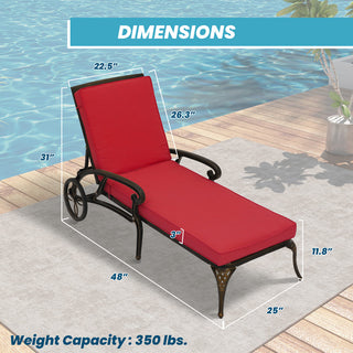 Cast Aluminum Outdoor Chaise Lounge with Removable Beige/Red Cushion