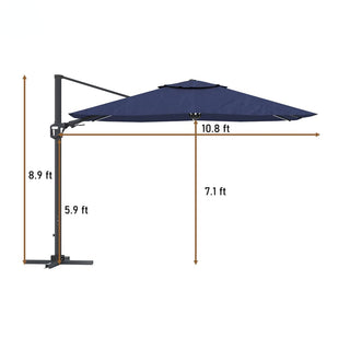11FT Square Cantilever Patio Umbrella with LED Lights-Red/Navy Blue/Gray