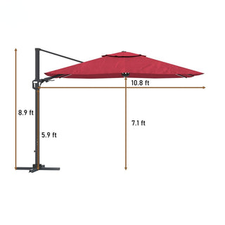 11FT Square Cantilever Patio Umbrella with LED Lights-Red/Navy Blue/Gray