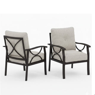 Set of 2 All-Weather Metal Armchairs, Black/Khaki Frame with Gray/Beige Cushions