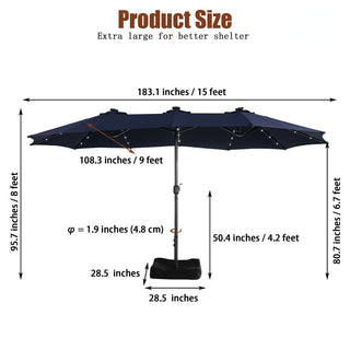 15FT Rectangular Outdoor Umbrella with LED Lights & Base – Day-to-Night Patio Shade for Backyard & Garden