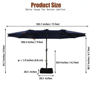 15FT Rectangular Patio Umbrella with Base & Crank Lift – Large Outdoor Market Umbrella for Backyard, Deck & Poolside