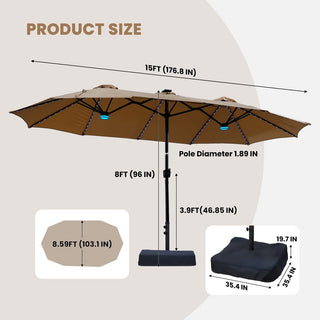 15FT Double-Sided Patio Umbrella with RGB LED Lights & Base – Extra Large Outdoor Market Umbrella for Backyard, Pool & Garden