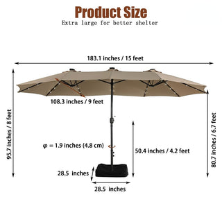 15FT Rectangular Outdoor Umbrella with LED Lights & Base – Day-to-Night Patio Shade for Backyard & Garden