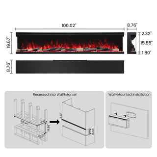 72"/88"/100" Smart Electric Fireplace with 14 Flame Colors, WiFi Tuya App, Voice Control & 1500W Heater