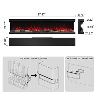 72"/88"/100" Smart Electric Fireplace with 14 Flame Colors, WiFi Tuya App, Voice Control & 1500W Heater