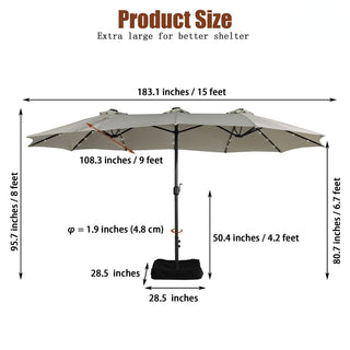 15FT Rectangular Outdoor Umbrella with LED Lights & Base – Day-to-Night Patio Shade for Backyard & Garden