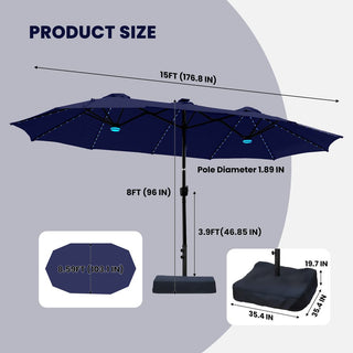 15FT Double-Sided Patio Umbrella with RGB LED Lights & Base – Extra Large Outdoor Market Umbrella for Backyard, Pool & Garden