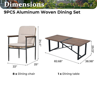 9-Piece Outdoor Patio Dining Furniture Set with Wooden Table, Umbrella Hole, Aluminum Frame Wicker Chairs & Olefin Cushions