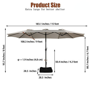 15FT Rectangular Patio Umbrella with Base & Crank Lift – Large Outdoor Market Umbrella for Backyard, Deck & Poolside