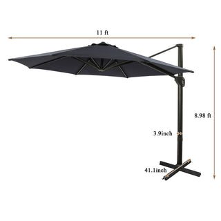 11ft Round Hanging Patio Umbrella – Aluminum Cantilever Market Umbrella with Crank, Base & Navy Blue Canopy