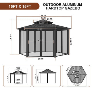 15x15 Ft Hexagon Hardtop Gazebo with Netting, Aluminum Frame Outdoor Patio Pavilion Shelter