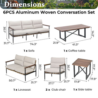 6-Piece Aluminum Wicker Patio Conversation Set with 3-Seat Sofa, Coffee Table and Light Gray Cushions