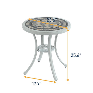 24" Round Cast Aluminum Outdoor Bistro Table with Ceramic Tile Top in Antique Bronze/White, Standard Height for Patio & Garden