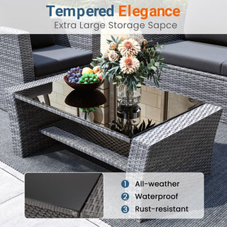 4-Piece Wicker Patio Conversation Set With Glass Table and Blue/Black/Gray Cushions