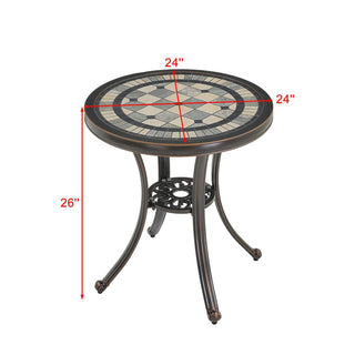 24" Round Cast Aluminum Outdoor Bistro Table with Ceramic Tile Top in Antique Bronze/White, Standard Height for Patio & Garden