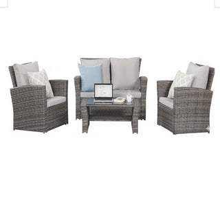 4-Piece Wicker Patio Conversation Set With Glass Table and Blue/Black/Gray Cushions