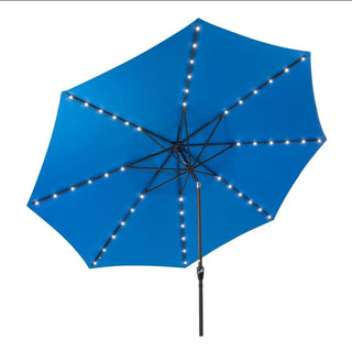 11 Ft Blue Solar LED Patio Umbrella with Crank Lift , Tilt * 8 Ribs, UV-Resistant Canopy