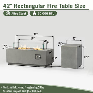 42" Propane Gas Fire Pit Table 2-Pieces, 50000 BTU Rectangular Steel Fire Pit with Glass Wind Guard for Outside Patio Deck Garden Courtyard -Light Gray