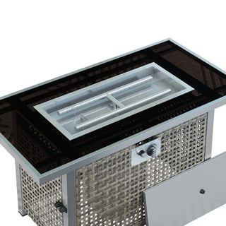 43" Propane Gas Fire Pit Table, 60000 BTU Rectangular Open Weave Wicker Fire Pit with Glass Wind Guard for Outside Patio Deck Garden Backyard