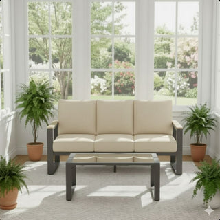 2-Piece 3-Seat Outdoor Sofa Couch Set, 75" All-Weather 3-Seat Aluminum Patio Sofa with Thick Beige Cushions & 44" Glass Coffee Table