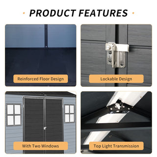 8x4ft Outdoor Resin Garden Shed with Floor and 2 Windows, Plastic Patio Outdoor Storage Shed with Lockable Door for Garden Tools, Bicycles, Trash Cans, Gray+Black