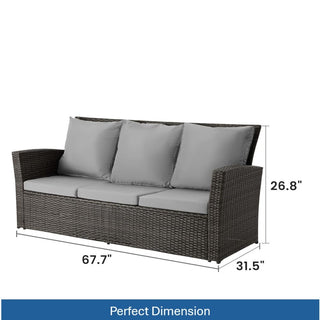 67.7" All-Weather Wicker 3-Seat Patio Sofa with Thick Blue/Biege/Gray/Black Cushions & Black Frame