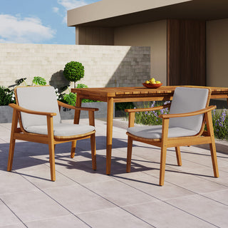 Outdoor Dining Chairs Set of 2, Teak Color Acacia Wood Frame, Brown PE Wicker, Grey Waterproof Cushion
