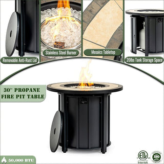 30" Propane Gas Fire Pit Table, 50000 BTU Round Steel Fire Pit with Mosaic Ceramic Tabletop for Outside Patio Deck Garden Backyard- Black