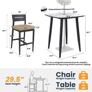 5-Piece Outdoor Patio Bar Set – 35.4" Marble-Style Sintered Stone Table & Aluminum Bar Stools with Sunbrella® Cushions