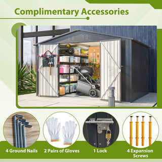 10x8 FT Outdoor Metal Storage Shed with Lockable Doors, All-Weather Garden Tool Shed for Patio, Backyard & Lawn