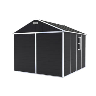 8X8 FT resin storage shed, high quality pp material with Lockable Door, strong structure, waterproof, rust and UV proof, large storage space, 12mm thick pp board, HD window lighting