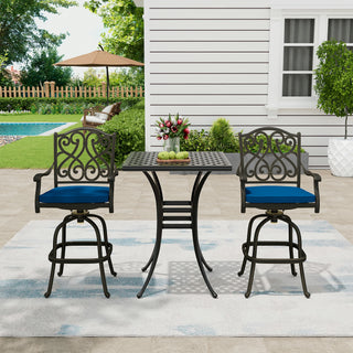 3-Piece Patio Bistro Set – Cast Aluminum Table & 2 Swivel Chairs with Cushions
