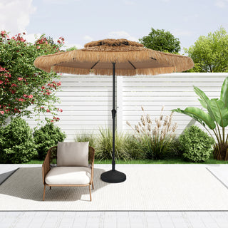 9FT/10FT 2-Tier Thatched Tiki Patio Umbrella with Crank – Natural Color, Beach-Style Sunshade