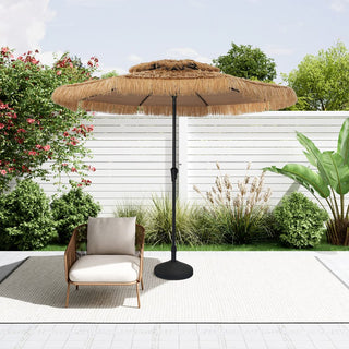 9FT/10FT 2-Tier Thatched Tiki Patio Umbrella with Crank – Natural Color, Beach-Style Sunshade