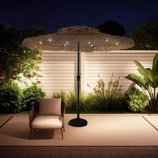 9FT/10FT 2-Tier Thatched Tiki Patio Umbrella with Crank – Natural Color, Beach-Style Sunshade