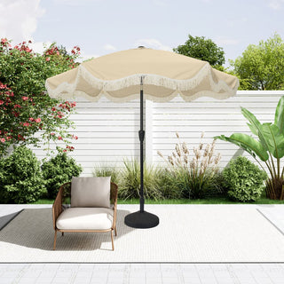 9 FT Tassel Market Patio Umbrella with Full Fiberglass Rib in Cream/Beige/Tan