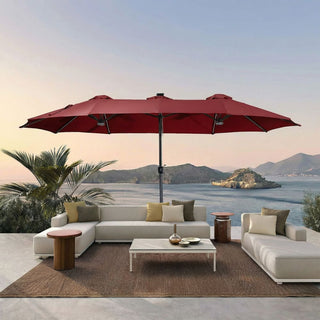 15FT Double-Sided Patio Umbrella with RGB LED Lights & Base – Extra Large Outdoor Market Umbrella for Backyard, Pool & Garden