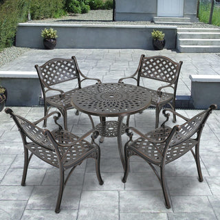 Mondawe 5-Piece Outdoor Cast Aluminum Dining Set with Round Table & 4 Ergonomic Chairs in Bronze/White for Patio & Garden