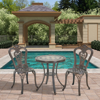 Mondawe 3-Piece White/Bronze Cast Aluminum Outdoor Bistro Set with Round Ceramic Tile Tabletop & 2 Armless Chairs for Patio & Garden