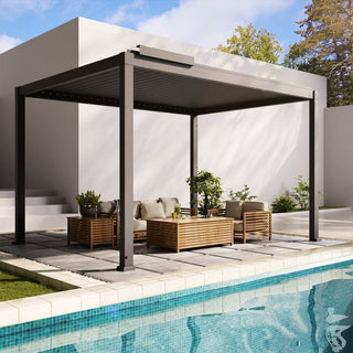 Motorized Aluminum Louvered Pergola with Integrated LED Lights – Modern Adjustable Outdoor Patio Gazebo