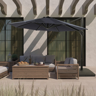 11ft Round Hanging Patio Umbrella – Aluminum Cantilever Market Umbrella with Crank, Base & Navy Blue Canopy