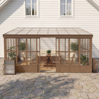 Wall-Mounted Sunroom with Sloped Polycarbonate Roof and Sliding Doors, All-Season Enclosed Patio Room for Home Extension