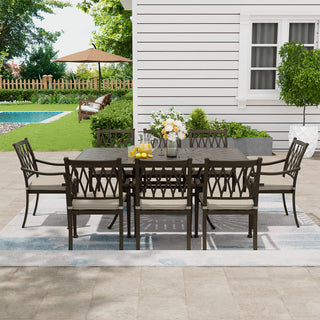 9-Piece Patio Dining Set – Cast Aluminum Rectangular Table & 8 Cushioned Chairs