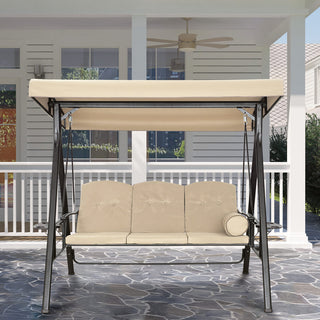 3-Person Steel Patio Swing with Adjustable Canopy & Removable Cushions, Outdoor Porch Swing Chair in Beige