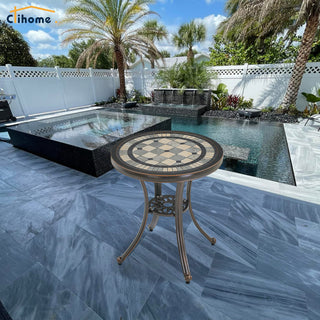 24" Round Cast Aluminum Outdoor Bistro Table with Ceramic Tile Top in Antique Bronze/White, Standard Height for Patio & Garden